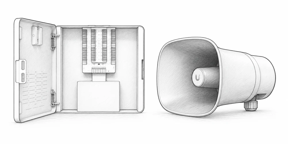 Pencil illustration of a UniFi alarm panel and AI Horn speaker