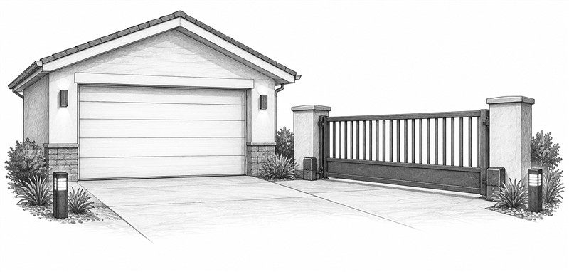 Pencil sketch of a garage door, electric gate and outdoor lighting