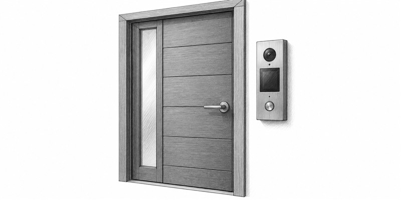 Pencil sketch of an entrance door with a video intercom