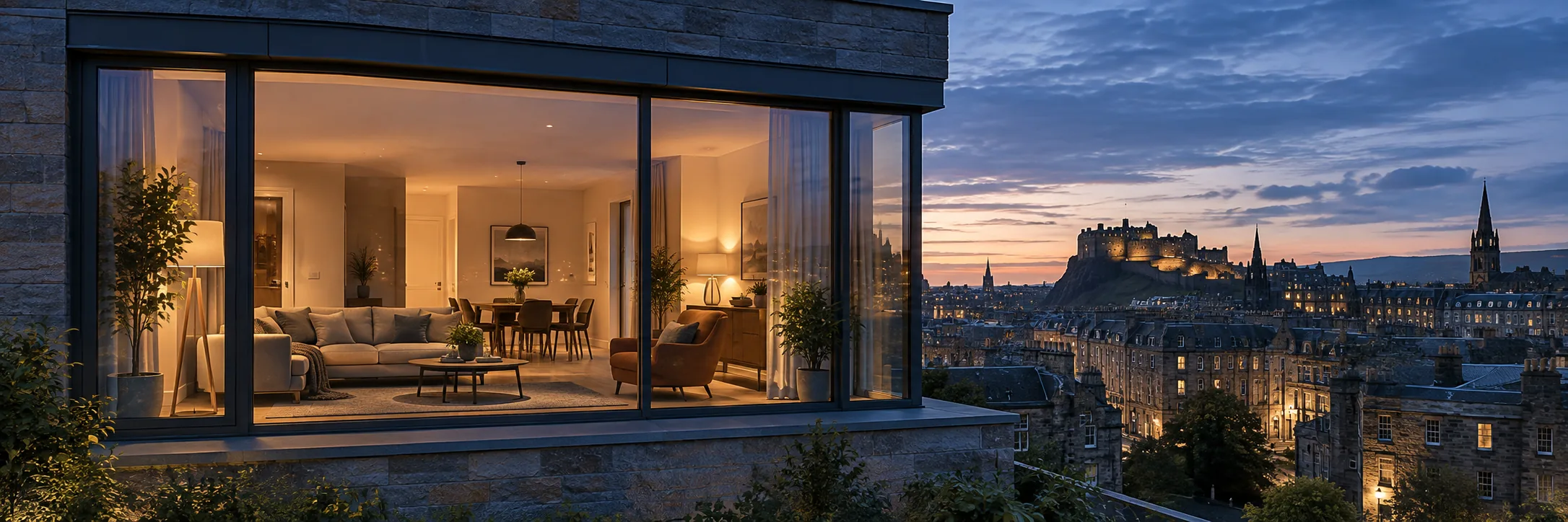 Illustrative modern Scottish flat at dusk
