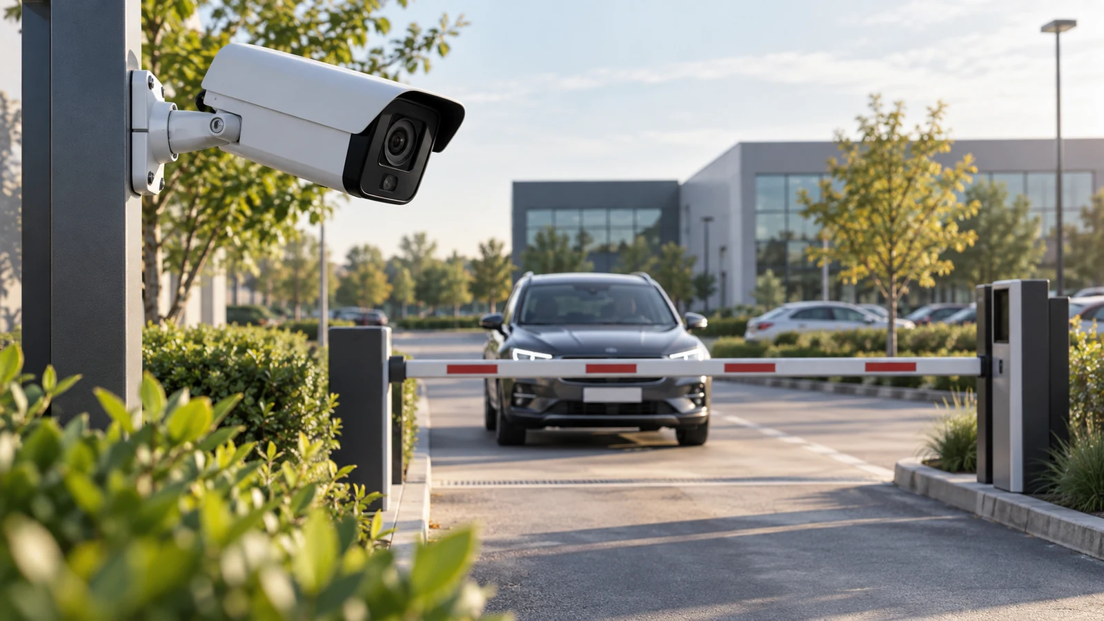 Illustrative security camera at a commercial car-park entrance