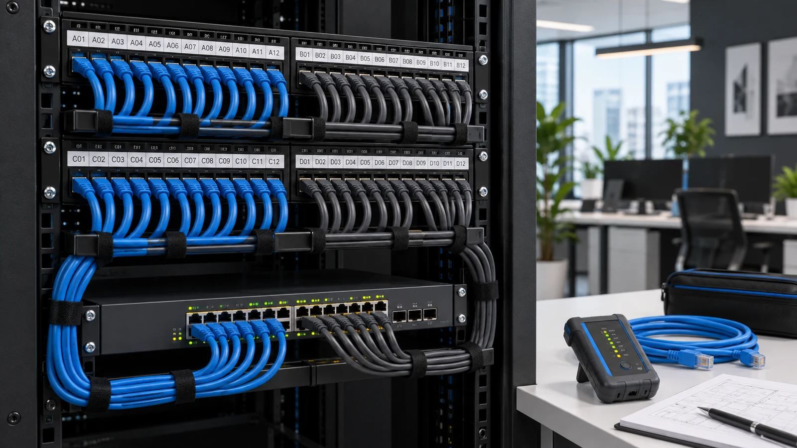 Illustrative tidy network cabinet with labelled patching, switch and cable tester