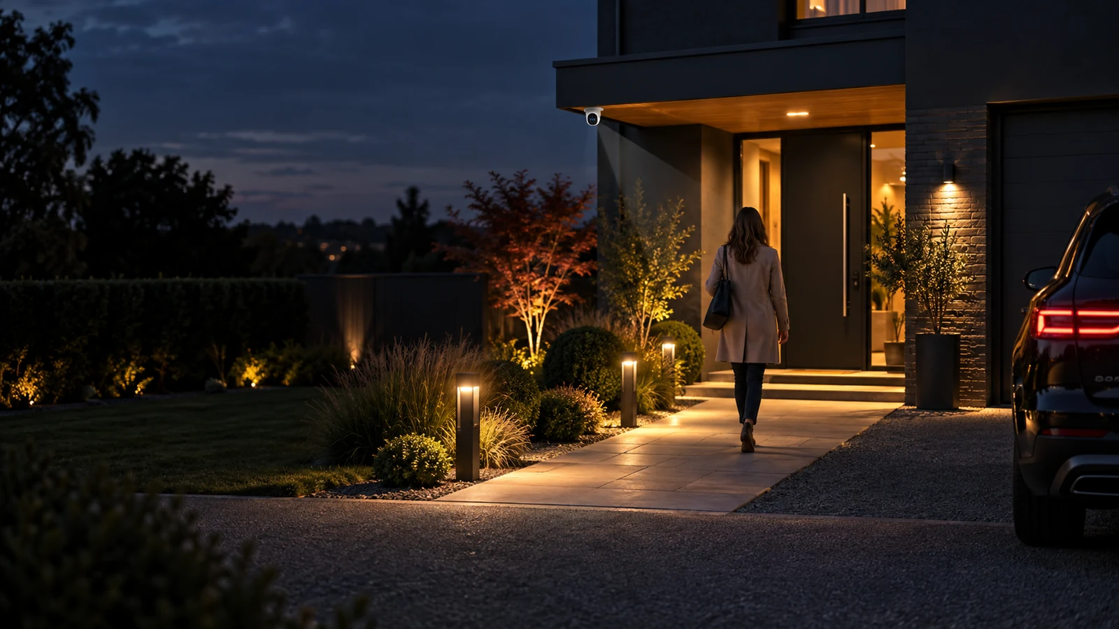Illustrative home entrance with a security camera and motion-activated path lighting