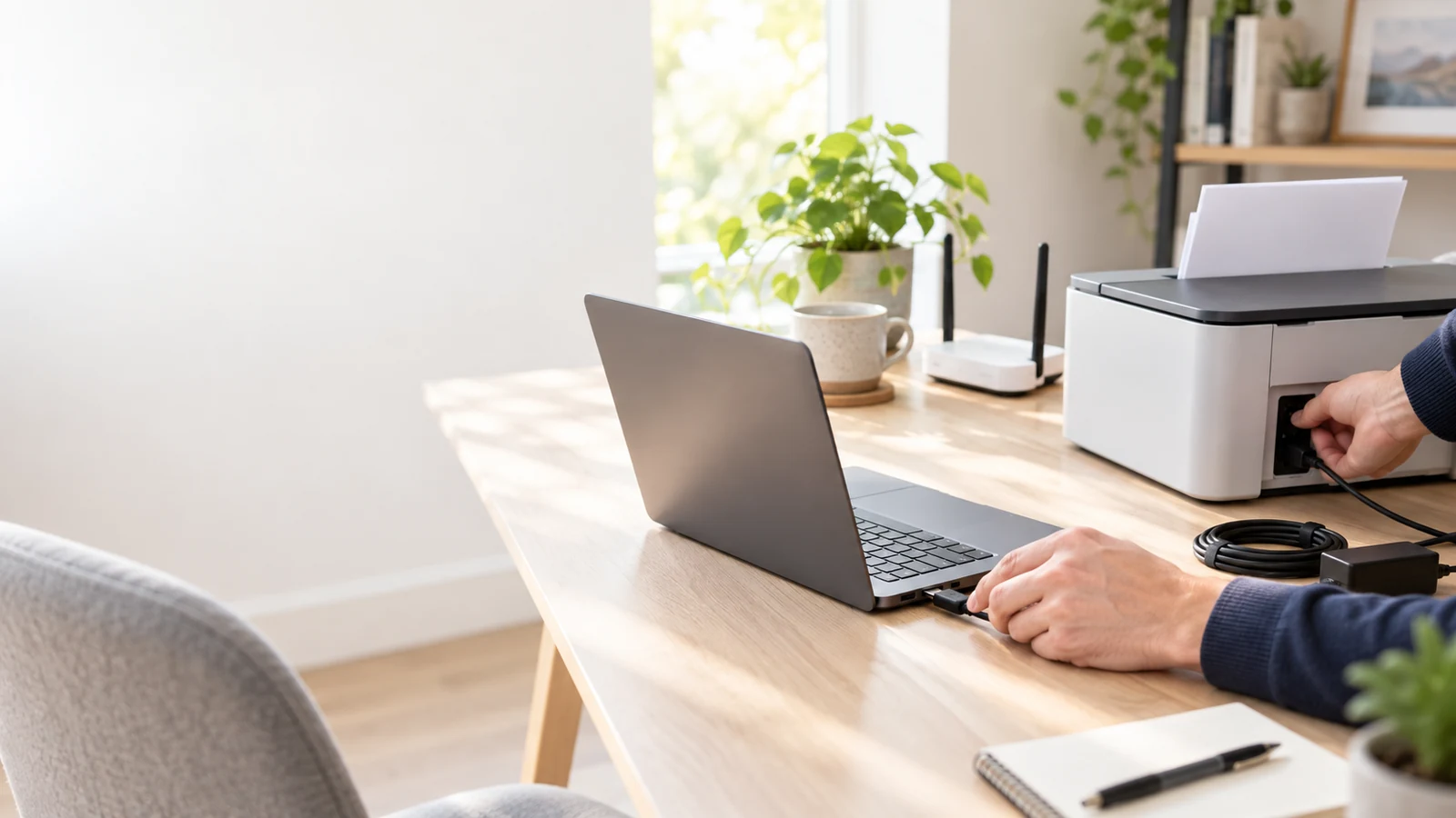 Illustrative laptop and printer being connected as part of a new-device setup