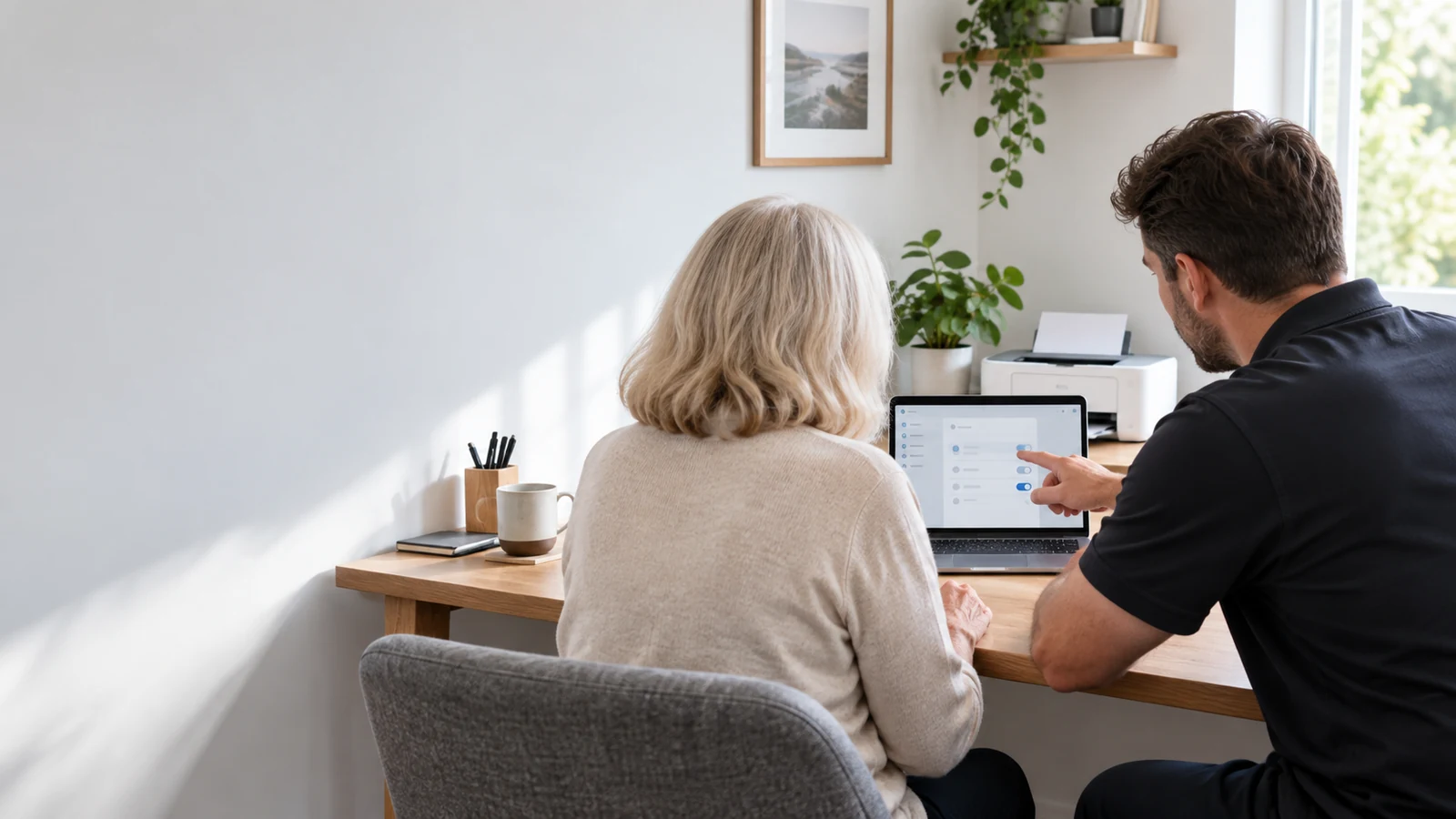 Illustrative IT engineer helping a customer with laptop settings and a printer
