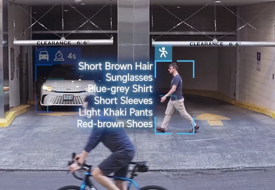Illustration of camera detections highlighting a person and vehicle, with a description of clothing and appearance