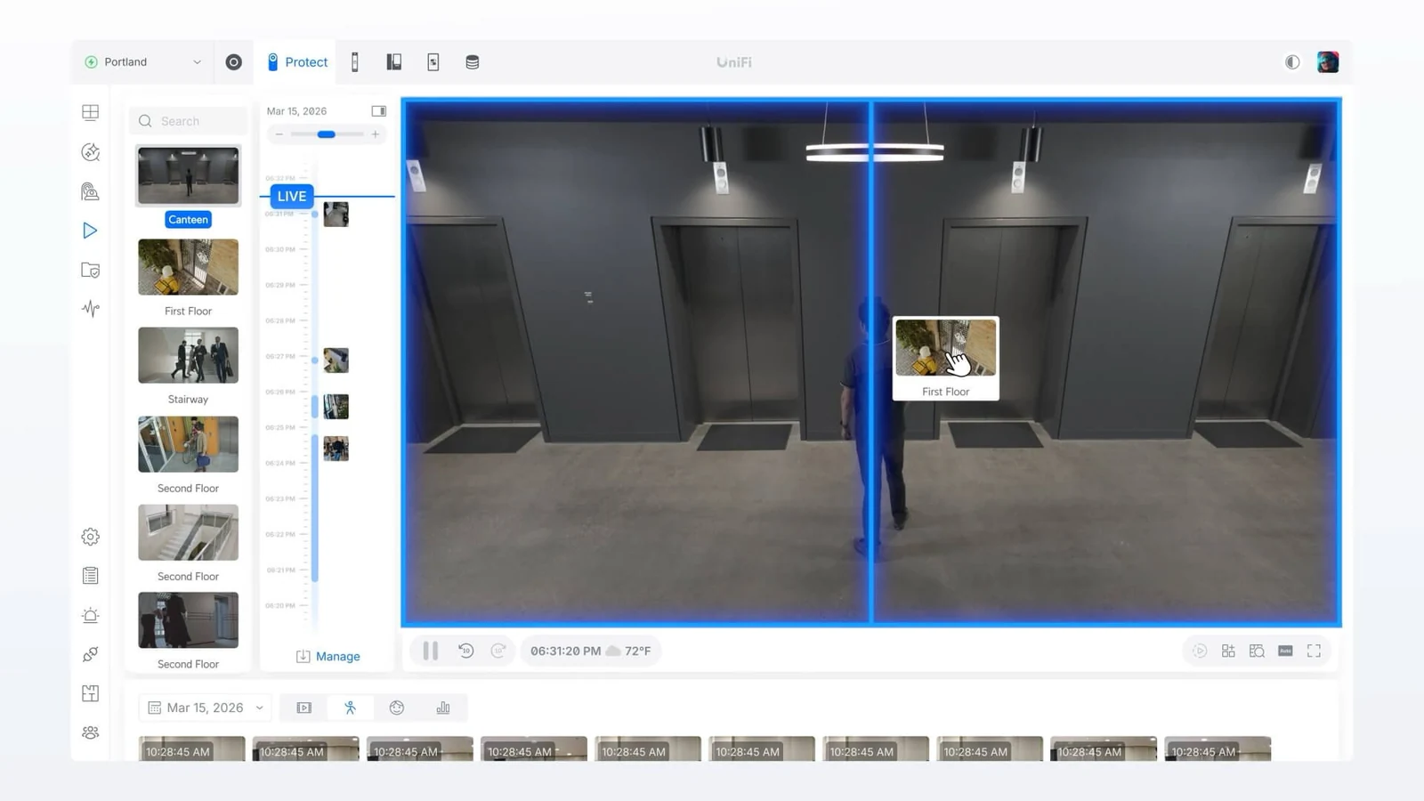 UniFi Protect timeline and multi-camera playback screen