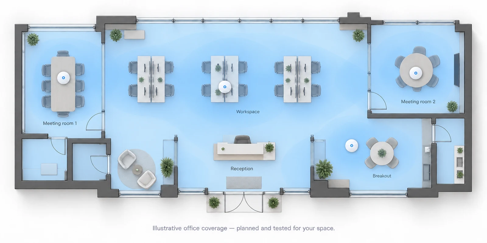 Illustrative office Wi-Fi coverage plan with meeting rooms, workspace, reception and overlapping blue coverage areas